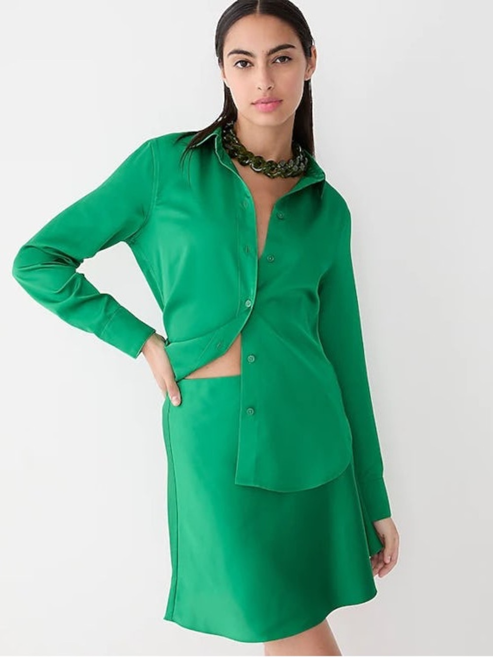 J Crew mini slip skirt | green satin | size S